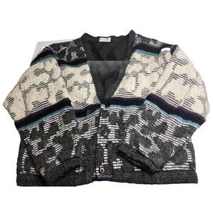 Vintage Allen Wah 80s Lambswool‎ Cardigan Oversized Stripe Abstract Large